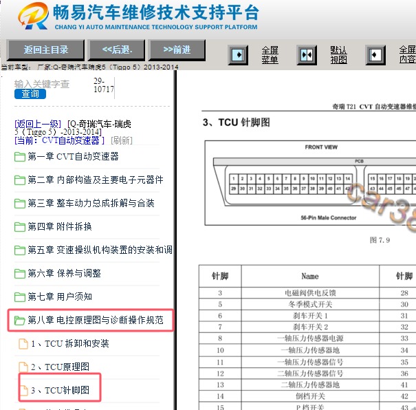2013-2014年奇瑞瑞虎5 CVT变速箱针脚资料