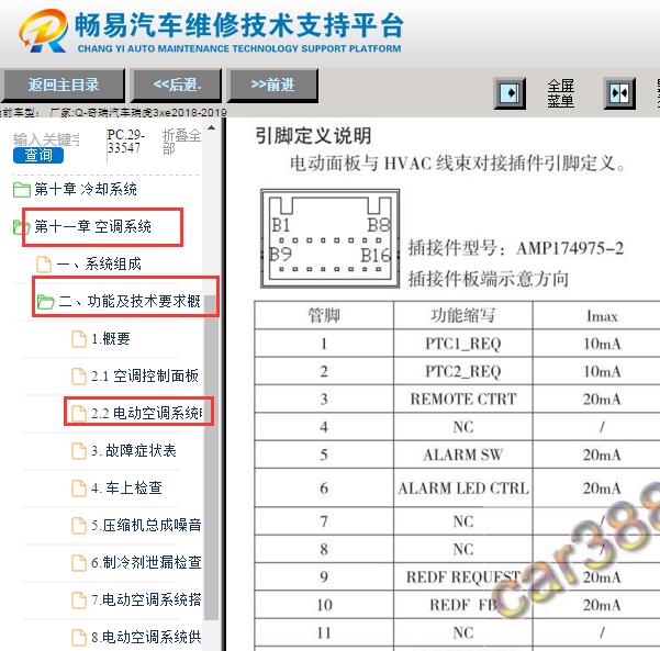 2018-2019年奇瑞瑞虎3XE空调针脚定义