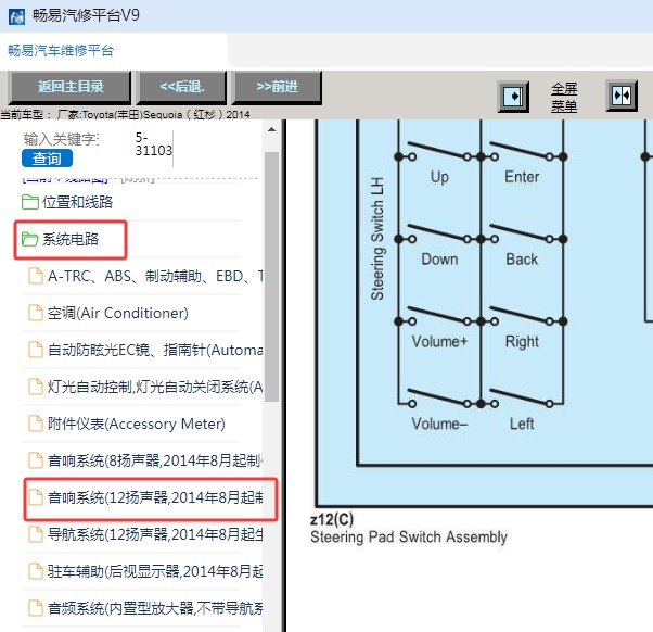 2014年丰田红杉多功能方向盘电路图