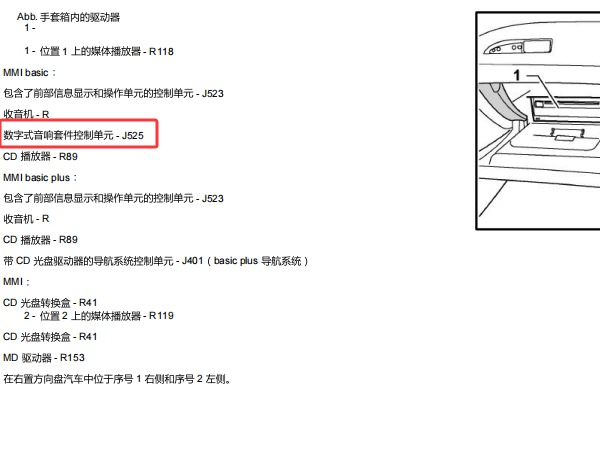 2005年奥迪A6L J525声音控制单元位置