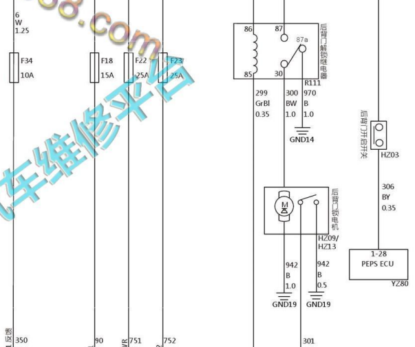 2020年长城M6尾门锁电路图