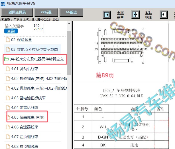 2021-2022年上汽大通V90车身电脑针脚资料