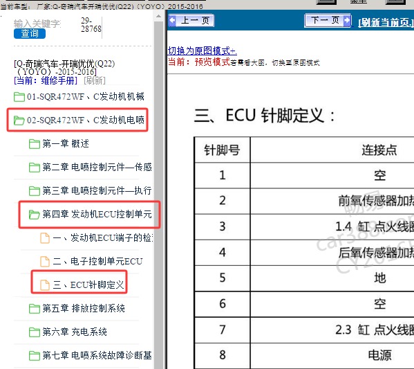 2016年奇瑞汽车开瑞优优发动机针脚资料