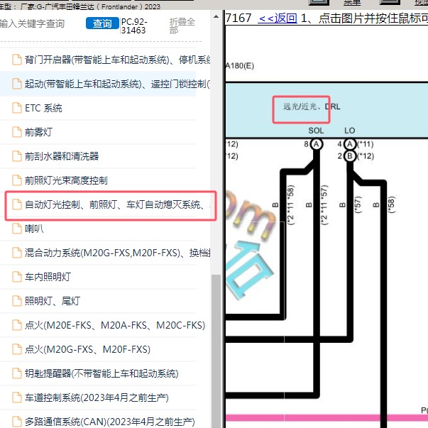 2023年广汽丰田-锋兰达 远光灯和近光灯电路图