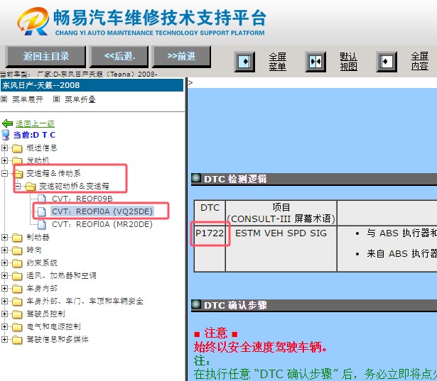 2008年日产天籁P1722故障码诊断资料