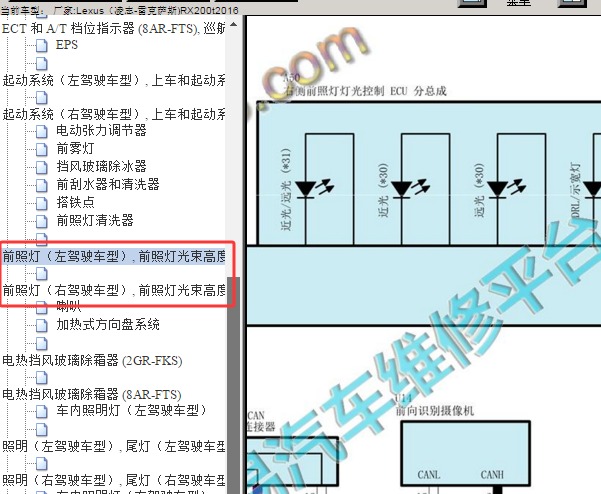 2016年Lexus（凌志-雷克萨斯)-RX200t-远近大灯控制电路图