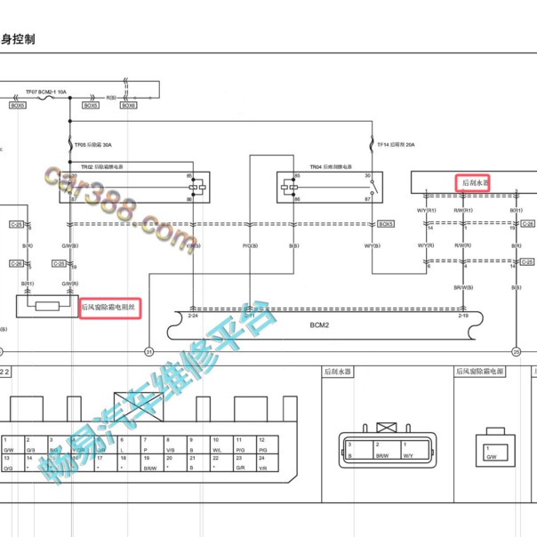 2019年红旗HS7后雨刮和后除霜电路图