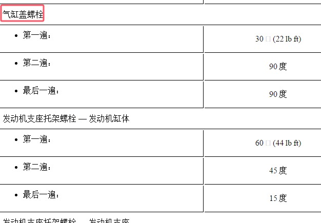 2017年别克昂科拉发动机缸盖扭矩资料