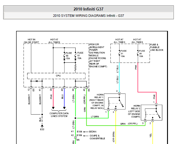 2010年英菲尼迪G37喇叭和车身电脑电路图