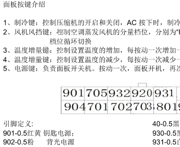 2018年南京依维柯欧胜空调面板针脚资料