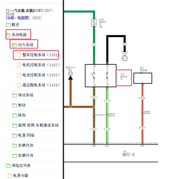 2017-2018年一汽奔腾B30EV制动灯开关电路图