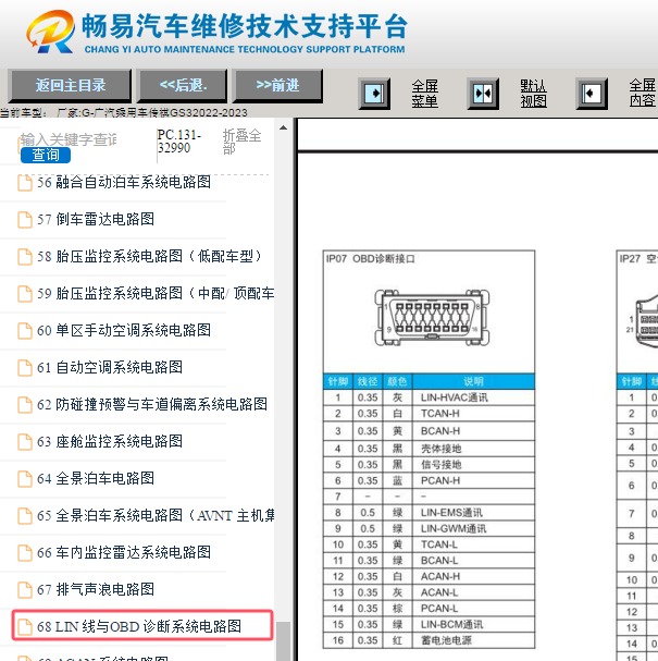 2022-2023年广汽传祺GS3 OBD诊断接口针脚资料