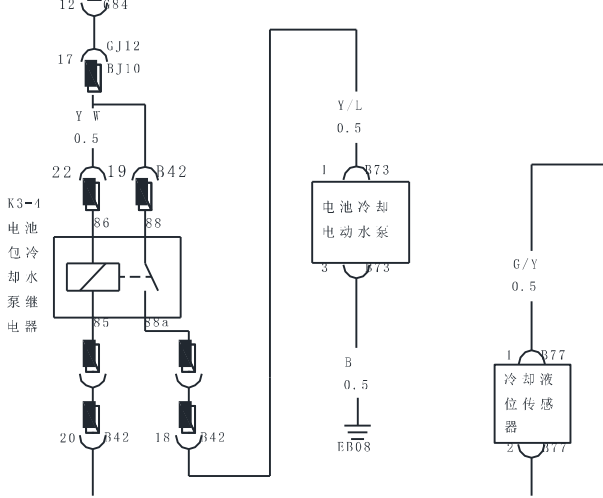 18年比亚迪秦电动水泵和冷却液液位传感器的电路图