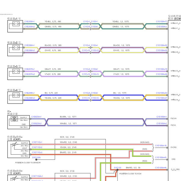 2012年路虎揽胜极光发动机喷油嘴电路图