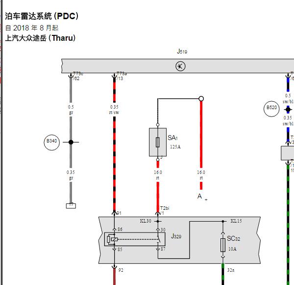 2019年大众途岳倒车雷达电路图
