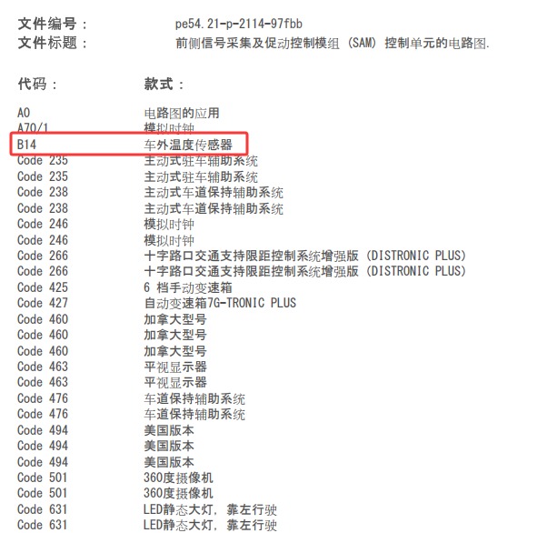 2015年奔驰C200 室外温度传感器电路图和位置