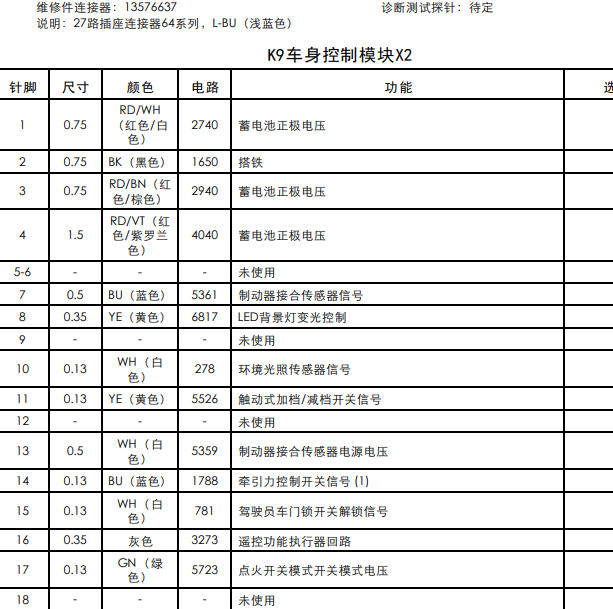 2014年雪佛兰迈锐宝BCM针脚定义