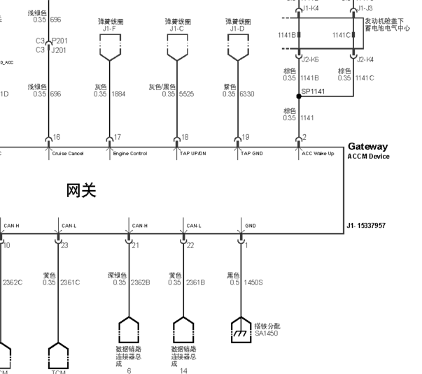 2013年别克GL8网关BCM和ABS通讯电路图
