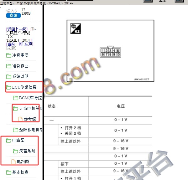 2014年日产奇骏10针天窗电机电路图
