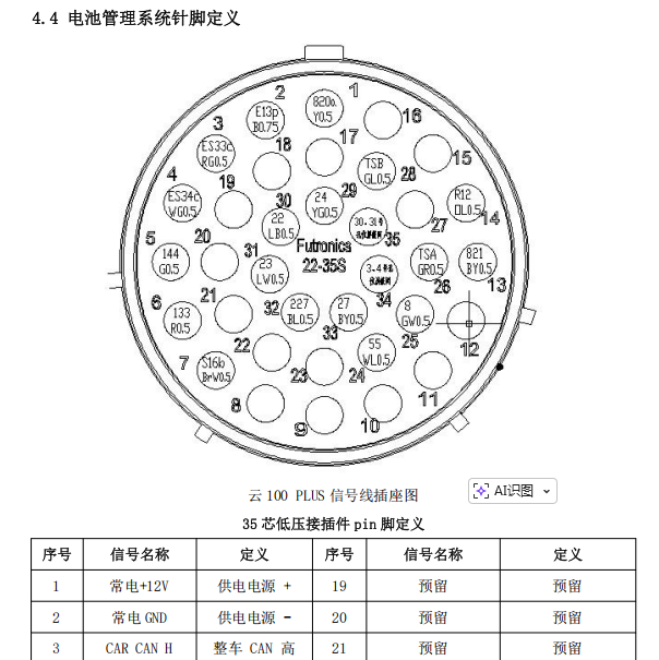 2018年众泰云100 PLUS 电池包针脚资料
