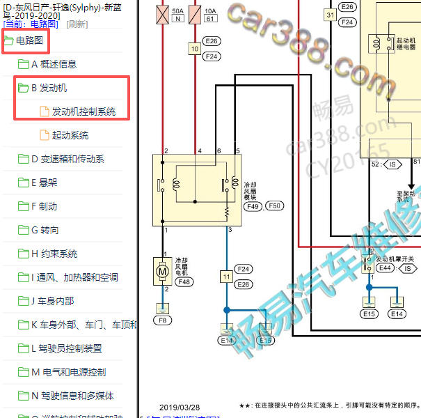 2019-2020年日产轩逸冷却风扇电路图