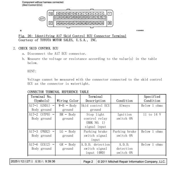 2009年丰田坦途ABS针脚定义