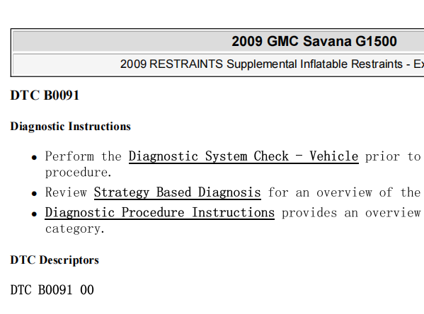 2009年GMC SAVANA B0091故障码诊断资料