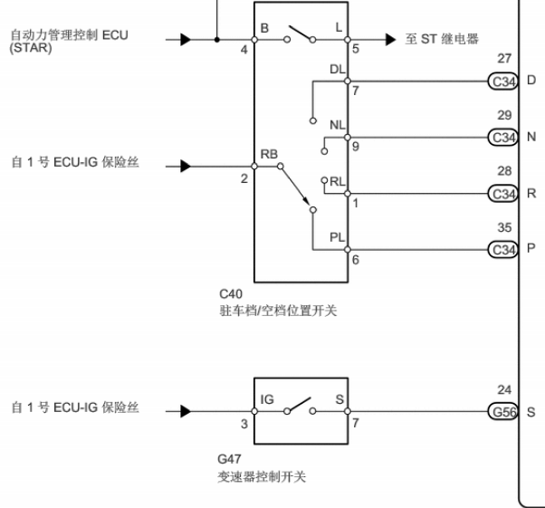 2010年丰田普拉多 变速箱档域传感器电路图和维修手册