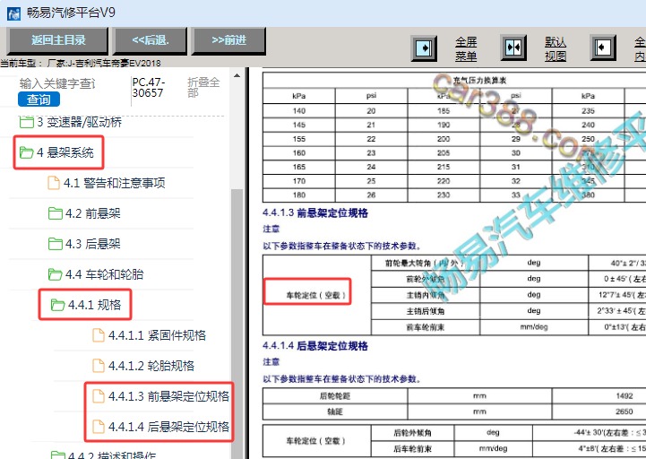 2018年吉利帝豪EV四轮定位数据资料
