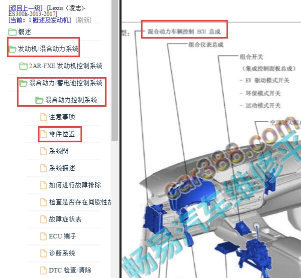 2013-2017年雷克萨斯ES300h混动管理ECU模块位置