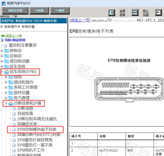 2019年吉利远景SUV（远景X6）电子手刹针脚资料
