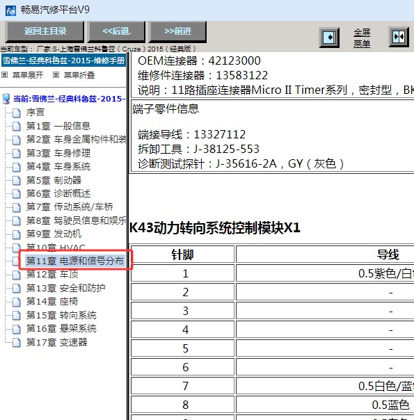 2015年雪佛兰科鲁兹方向机针脚资料