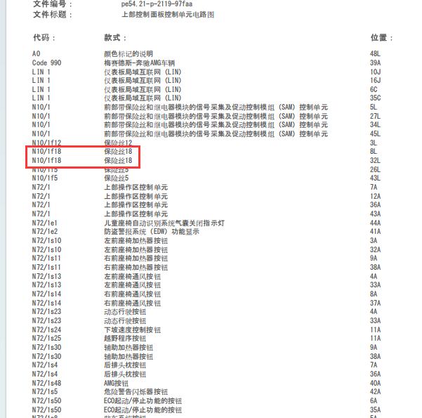 2010年奔驰C180 发动机舱F18保险丝电路图