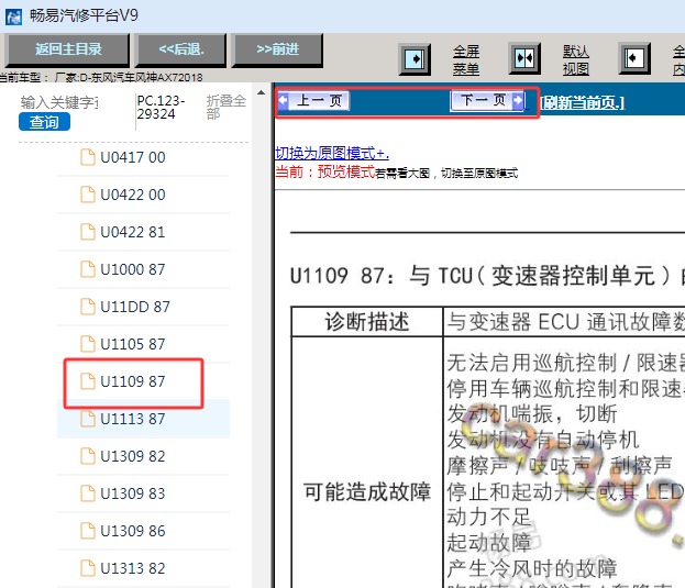 2018年东风风神AX7 U1109-87故障码诊断资料