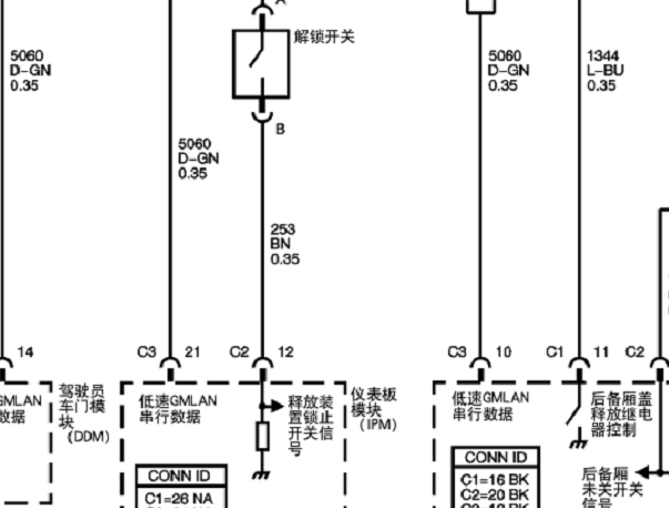 2009年凯迪拉克SLS赛威后备箱锁止开关的电路图资料